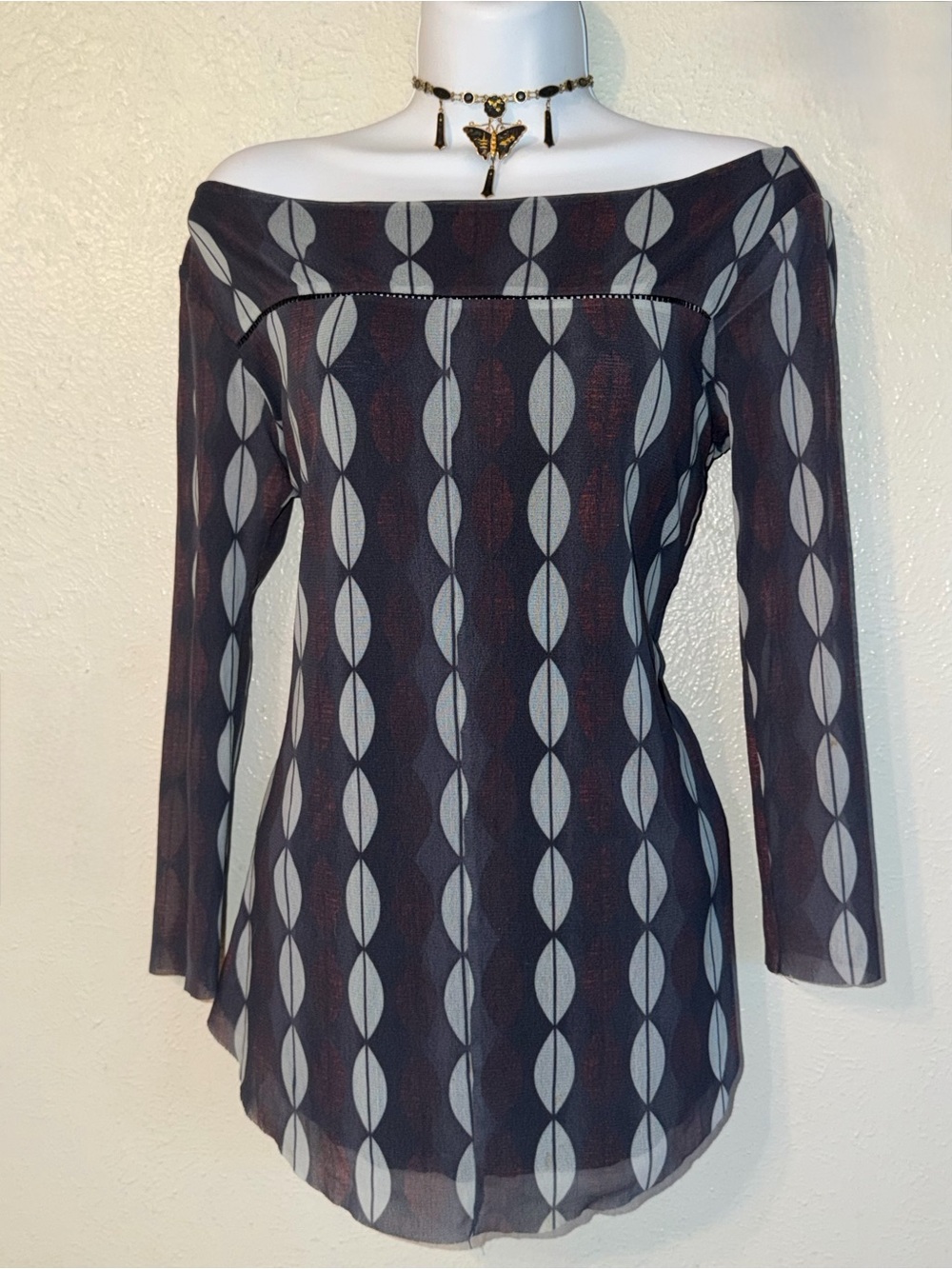 Y2K 2000’s WESTON Wear Mesh Boatneck Layered MCM GeometricPrint Long Sleeve Top